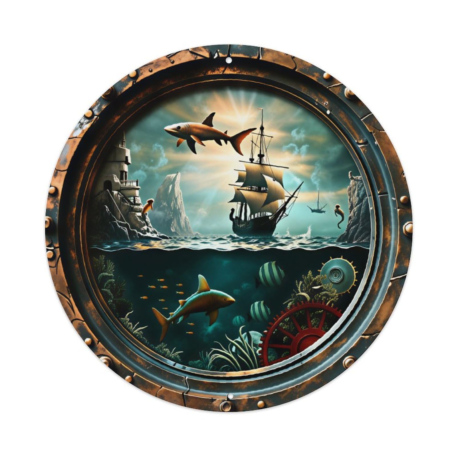 Ldfuieksufg Style Round Vintage Porthole Shark Pirate Ship Ocean Landscape Metal Wall Sign Vintage Aluminium Metal Sign, Retro Wall Decor For Home, Bar, Garage & Farmhouse 20X20cm