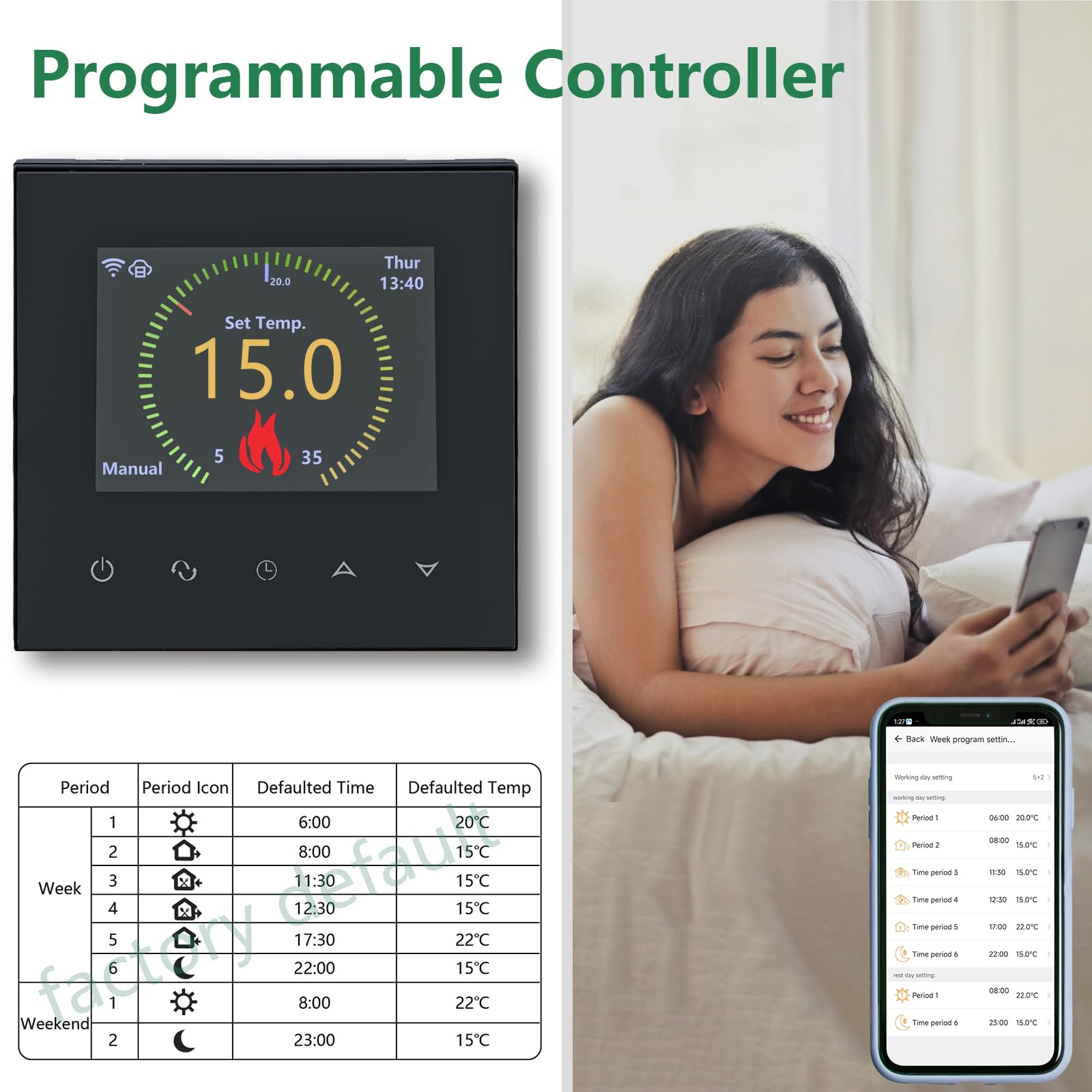 Wengart Termostato Smart WiFi per Riscaldamento a Pavimento ad Acqua, Display TFT a Colori da 2.4", 3A 230V, 6 Lingue (Italiano Incl.), Compatibile con Alexa e Google Home, App Tuya, Nero, WG380