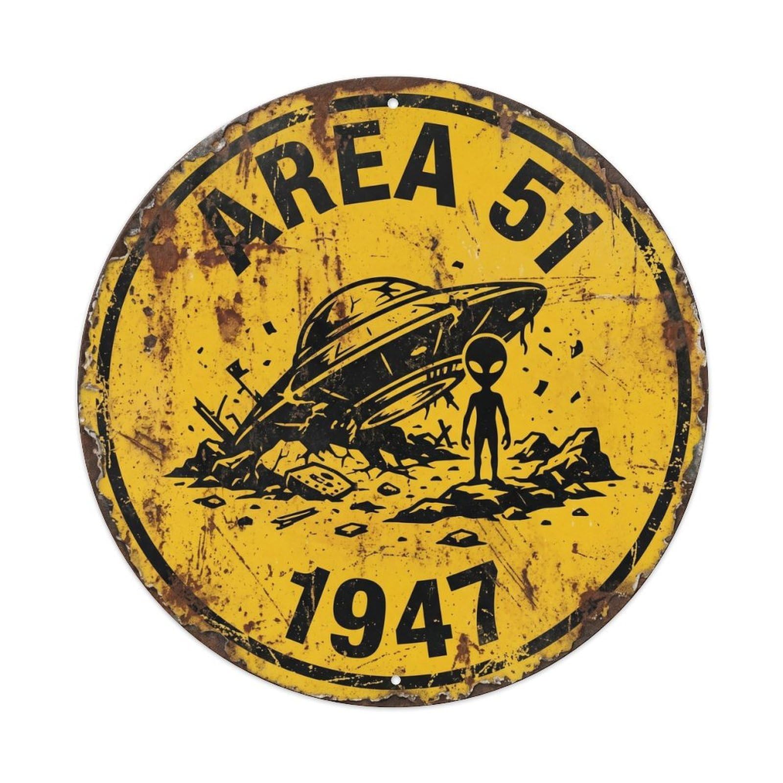 Vintage Alien Area 51 Roswell Incident Metal Tin Sign Plaque Wall Decor for Cafe, Club, Garden Round Metal Poster 8x8Inch