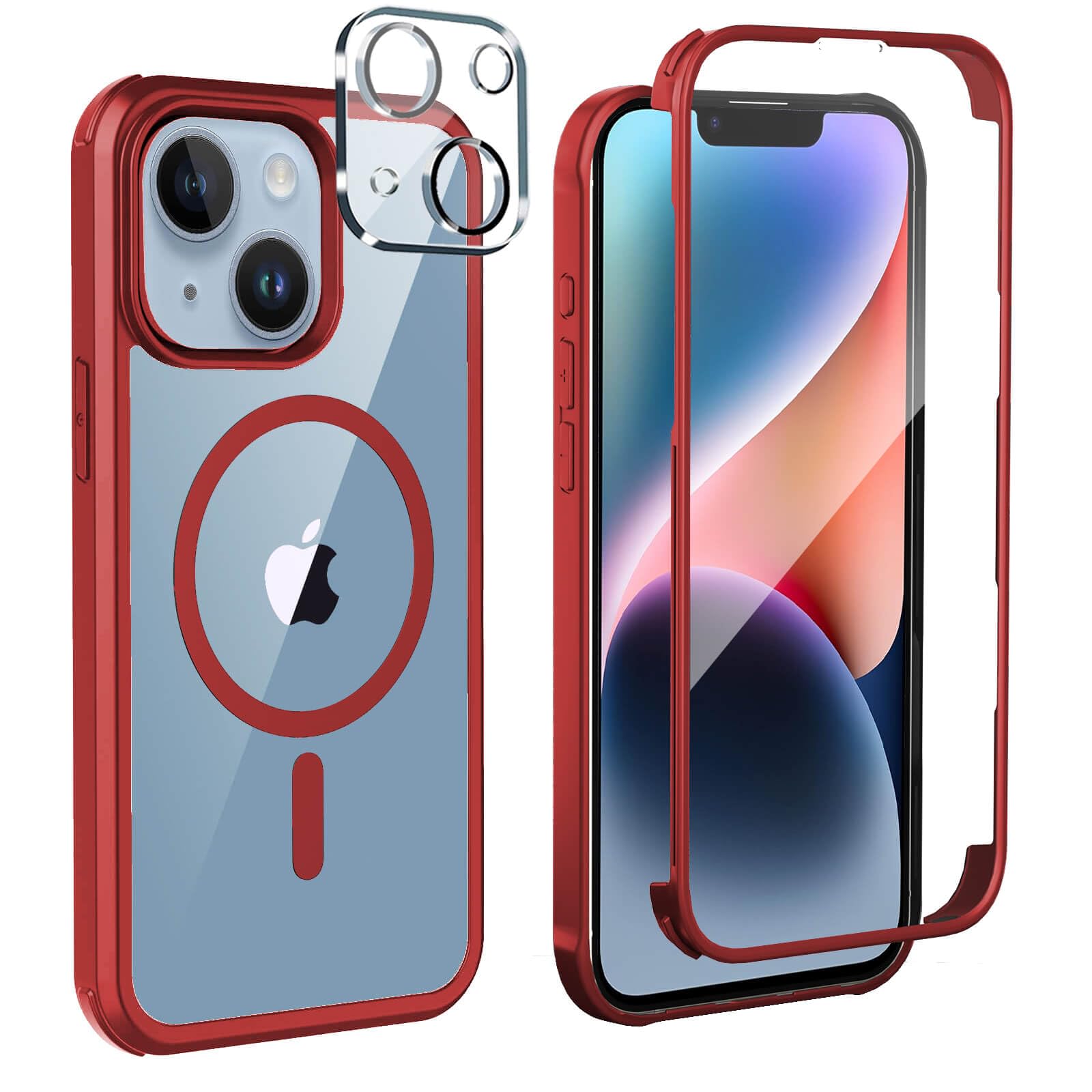 Leedia Kompatibel mit Magsafe iPhone 14 Hülle 360 Grad Schutz Rot | Ganzkörper Schutzhülle mit Eingebauter Panzerglas Displayschutz Schutzfolie Stoßfest Case Handyhülle für iPhone 14 6.1"