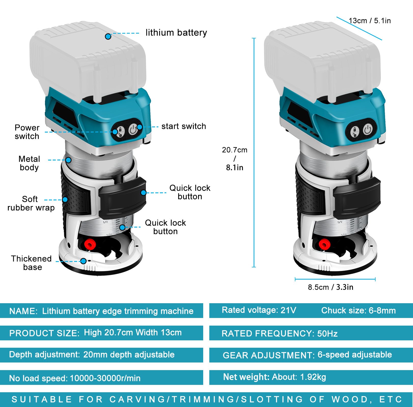 WingFly Fresatrice per Bordi a Batteria per Makita 18 V, Rifilatore Fresatrice Portatile Senza Spazzole per Lavorazione del Legno, con Set di Frese da 15 Pezzi