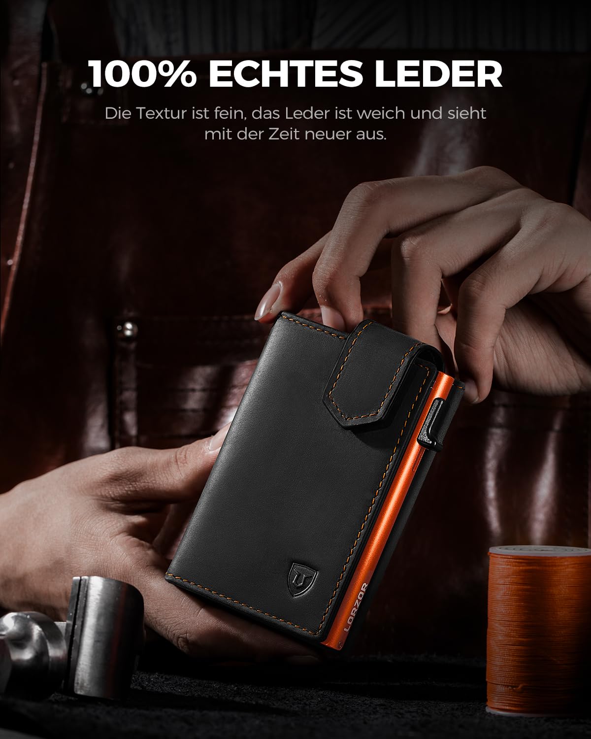 LORZOR Kartenetui mit Magnetischer Verschluss, Slim Wallet mit Münzfach, Geldbörse Herren RFID Schutz, Portmonee Herren Portemonnaie für 10 Karten, Smart Wallet, Geldbeutel (Orange)