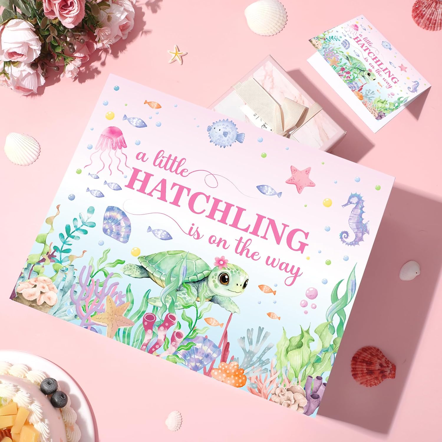 Sea Turtle Baby Shower Birthday Gift Bag A Little Hatchling is On The Way Bag with Wrapping Paper and Greeting Card Pink Under the Sea Party Decor for Baby Girls Birthday Gender Reveal Party Supplies