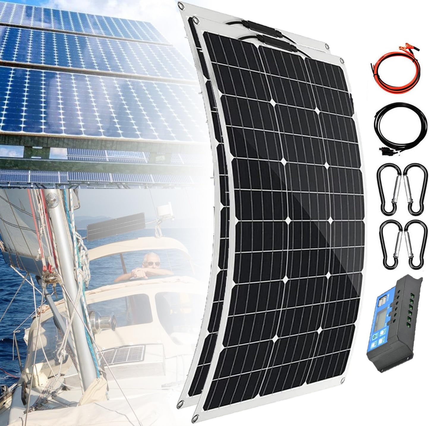 Kit de panneau solaire avec contrôleur 40 A, panneau solaire semi-flexible à 30°, charge de batterie 12 V, sortie USB pour garage, camping-car, toit, yacht et bateau