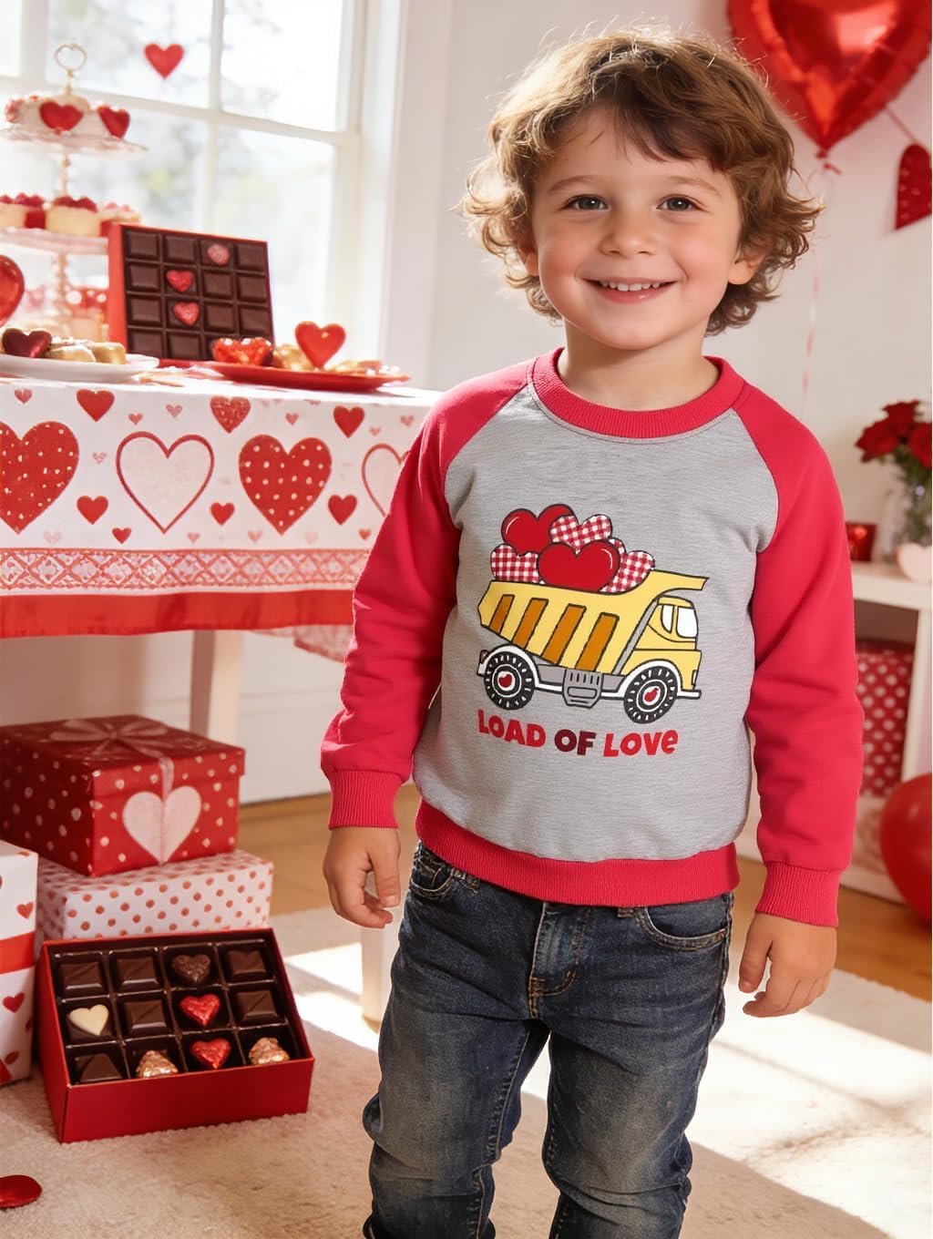 EULLA Boys Valentine Sweatshirts Kids Cotton Crewneck Pullover Shirt Truck Love Heart Graphic Print Holidays Tops 2-7 Years - Image 2