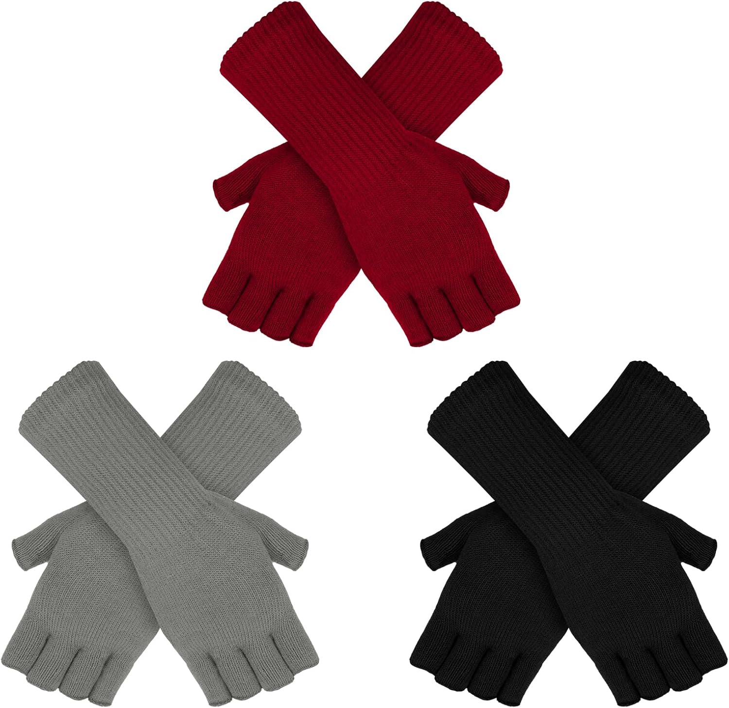 3 Pairs Fingerless Gloves, Winter Knitted Fingerless Mittens Lengthen Wrist Warm Stretchy Knit Mittens for Women Men Workin, Typing Writing Running (Black, Grey, Red) - Image 1 of 7