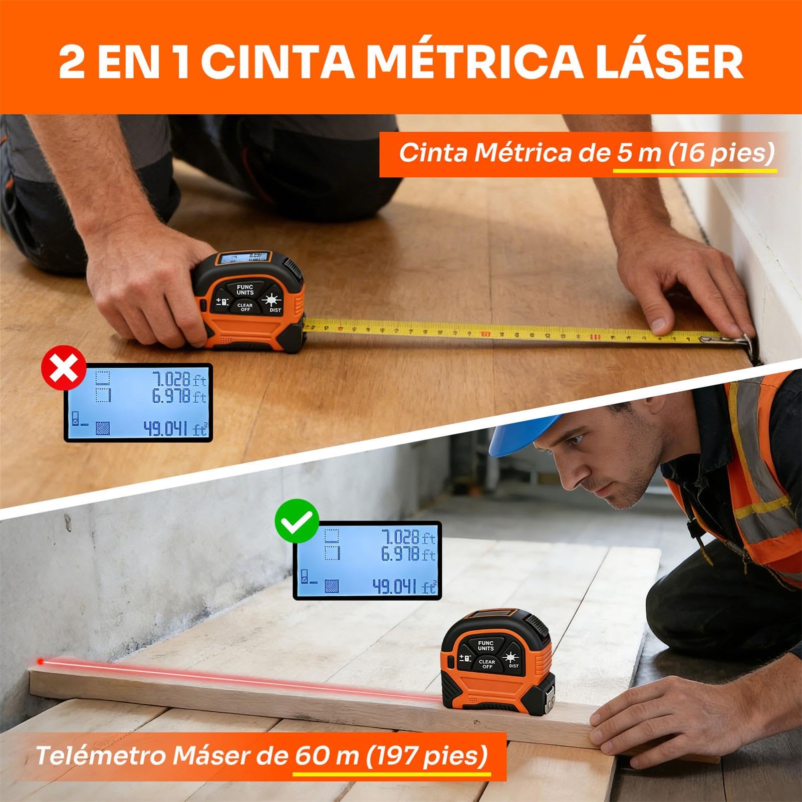 Cinta Metro Laser 2 en 1 - ansigtny Recargable Medidor de Distancia Láser Digital de 60 m y Cinta Metrica de 5m con Gancho Magnético, Metro Digital para Bricolaje y Decoración del Hogar (M/In/Ft)