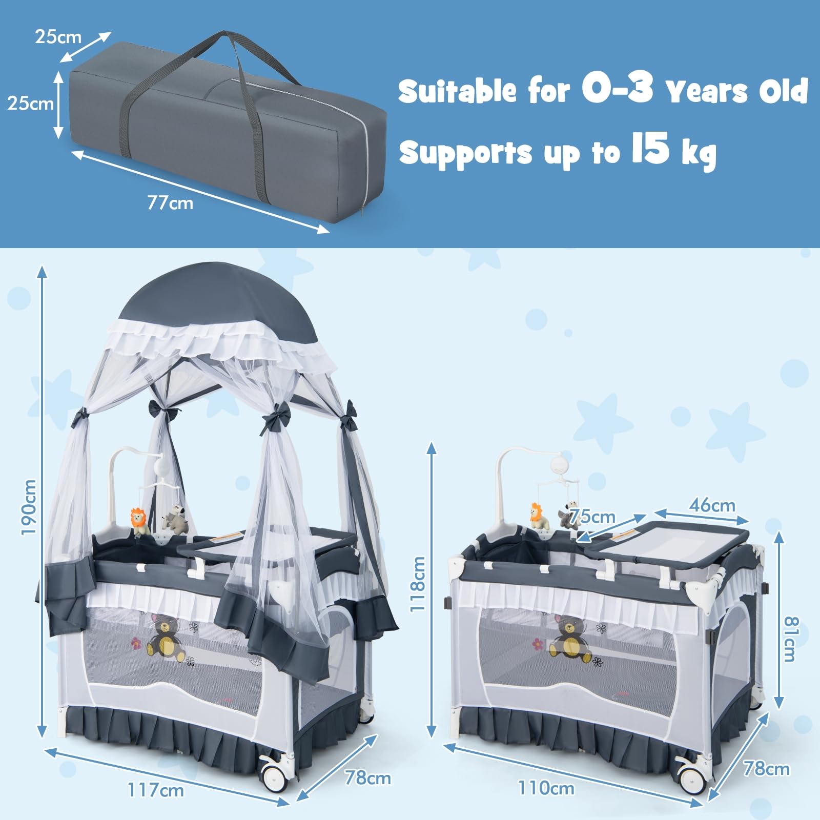 LIFEZEAL 4 en 1 Lit Bébé Evolutif avec Baldaquin, Lit Parapluie Bebe Pliable avec Matelas et Table à Langer, Lit Bebe 0-36 Mois avec Sac de Rangement (Gris)
