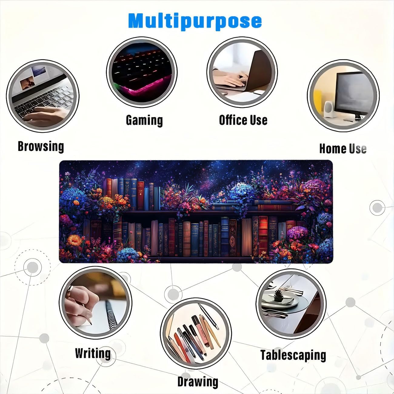 Purple Bookshelf Large Mouse Pad Floral Books Magic Fantasy Witchy Mousepad XL Large Gaming Mouse Pad Laptop Keyboard Mat Desk Pad Office Computer Keyboard Laptop Home, 31.5x11.8 Inch - Image 7