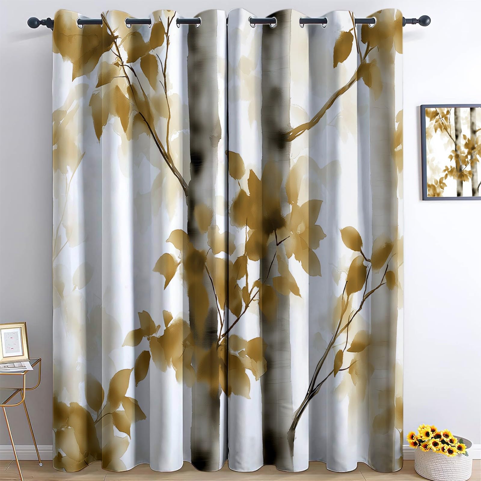 White Blackout Curtains Ink Painting Birch Trees 36” W x 84” L x 2 Panels 3D Eyelet Thermal Insulated Curtains, for Kids Teens Boys Girls Bedroom Playroom