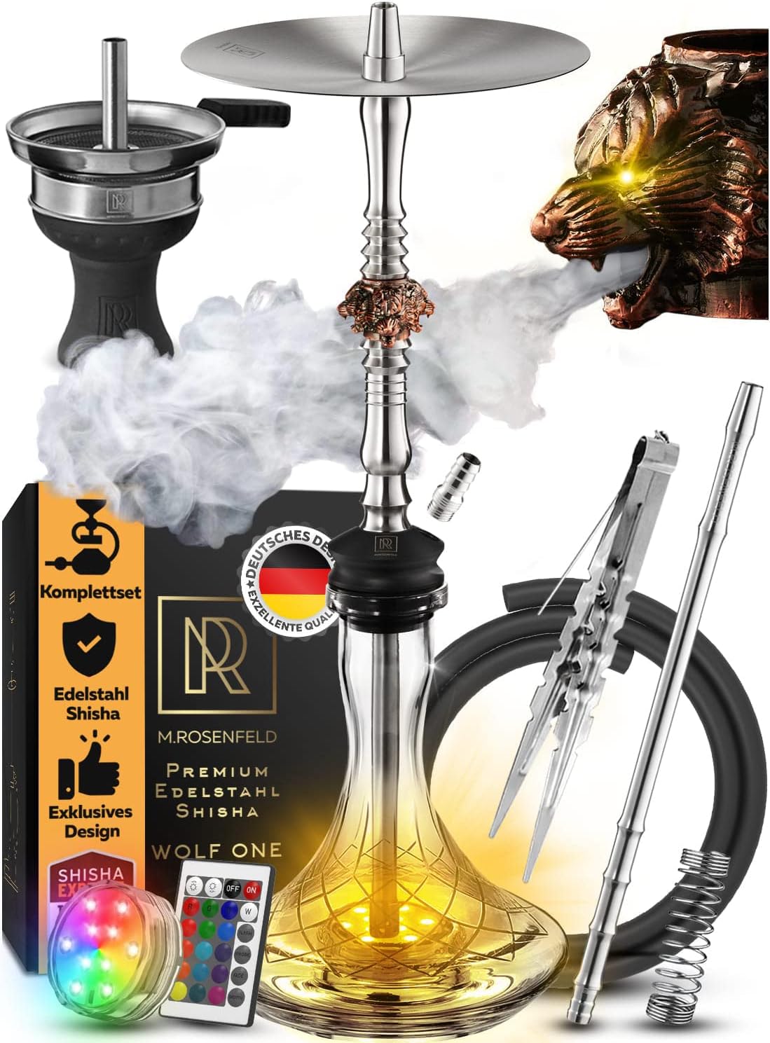 Shisha Set Complete - Shisha Set with Unique Air Flow through 3 Elegant Wolf Heads Made of Copper - Quality Shisha Accessories + Shisha LED Light Coaster with Remote (Stainless Steel)