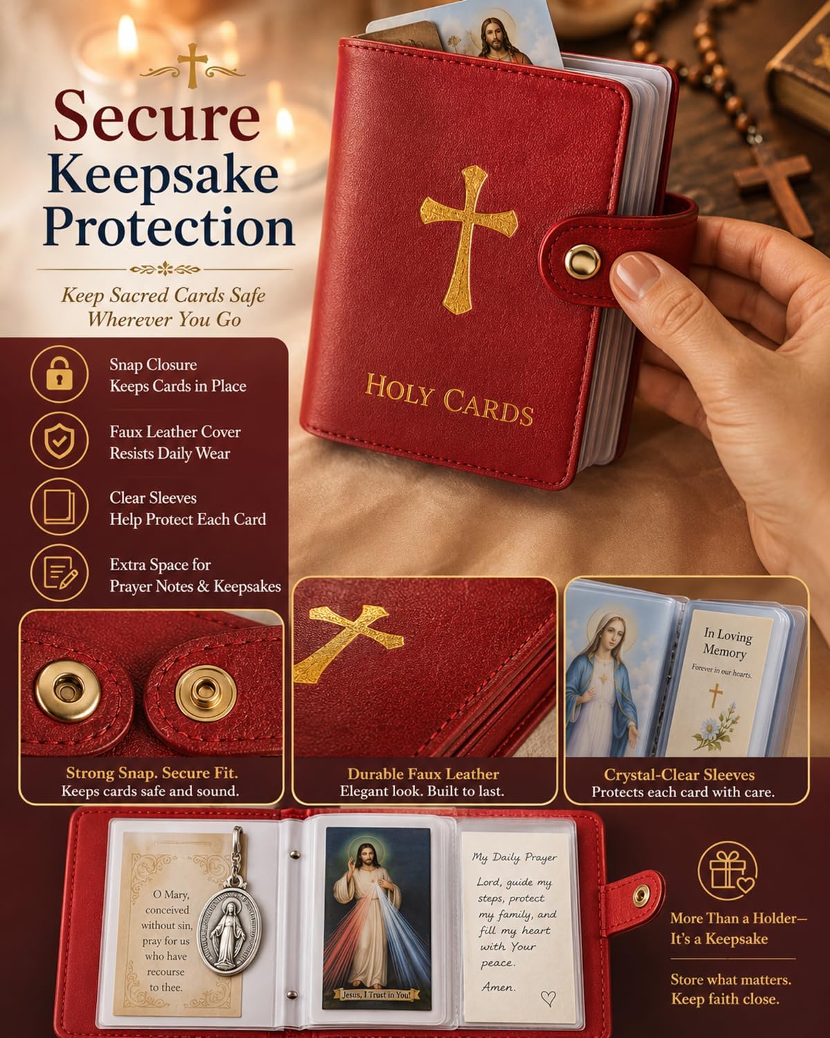 Catholic Faux Leather Holy Card Holder book Compact Pocket Prayer Card Organizer Wallet with Snap Closure for Church Daily Prayer religious 54 Holy cards album purse case gift for women