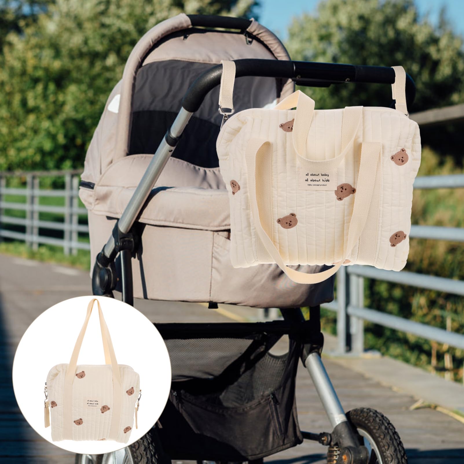 Tragbare Windeltasche mit Reißverschluss und Stickerei aus Baumwolle | Unterwegs und Reisen, Weiß mit Hardware, Passend für Babywindeln und Kleinkind Windeln