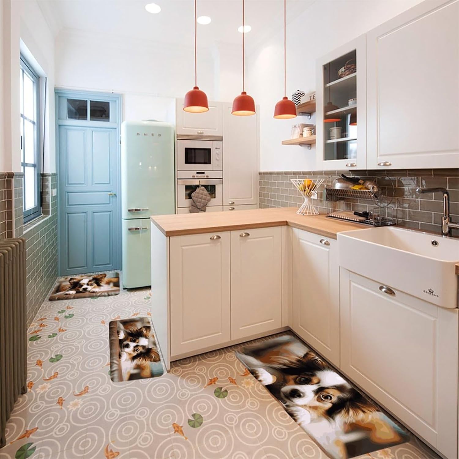 Papillon Lying on Tummy Kitchen Mats for Floor 3 Pcs Kitchen Rugs