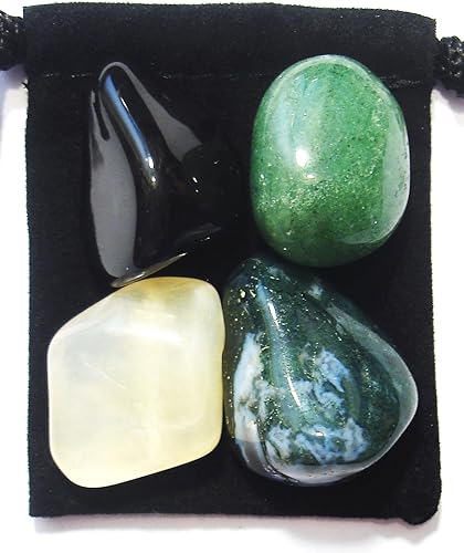 The Magic Is In You Inner Stability - Juego de curación de cristal rodado con bolsa y tarjeta de descripción, aventurina, piedra lunar, ágata musgo