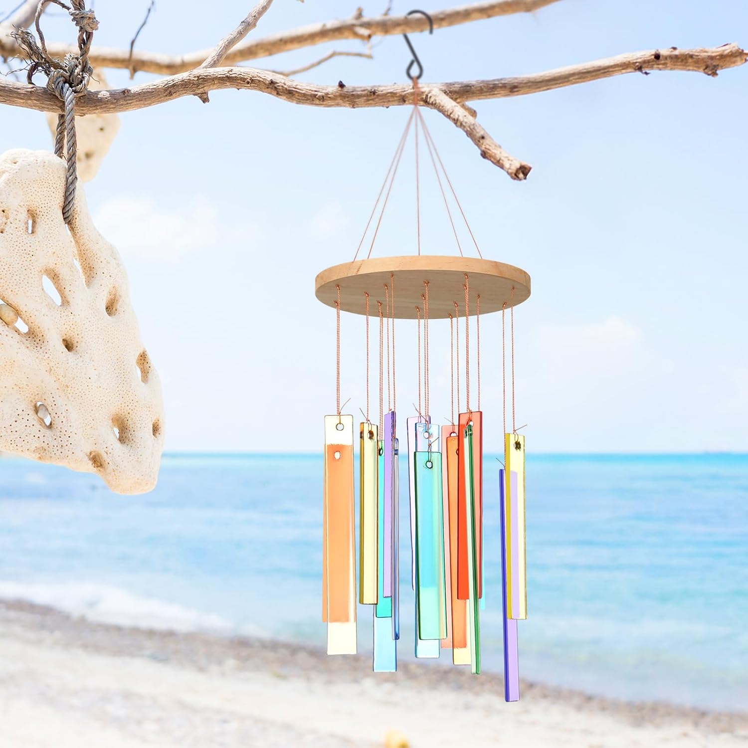 Wenqik 17" Sea Glass Shell Wind Chimes for Outside Handcrafted Gradient Shells Coastal Style Decor Xmas Gifts for Women Wind Chimes Lovers, Beach Patio Decor(Colorful) - Image 4