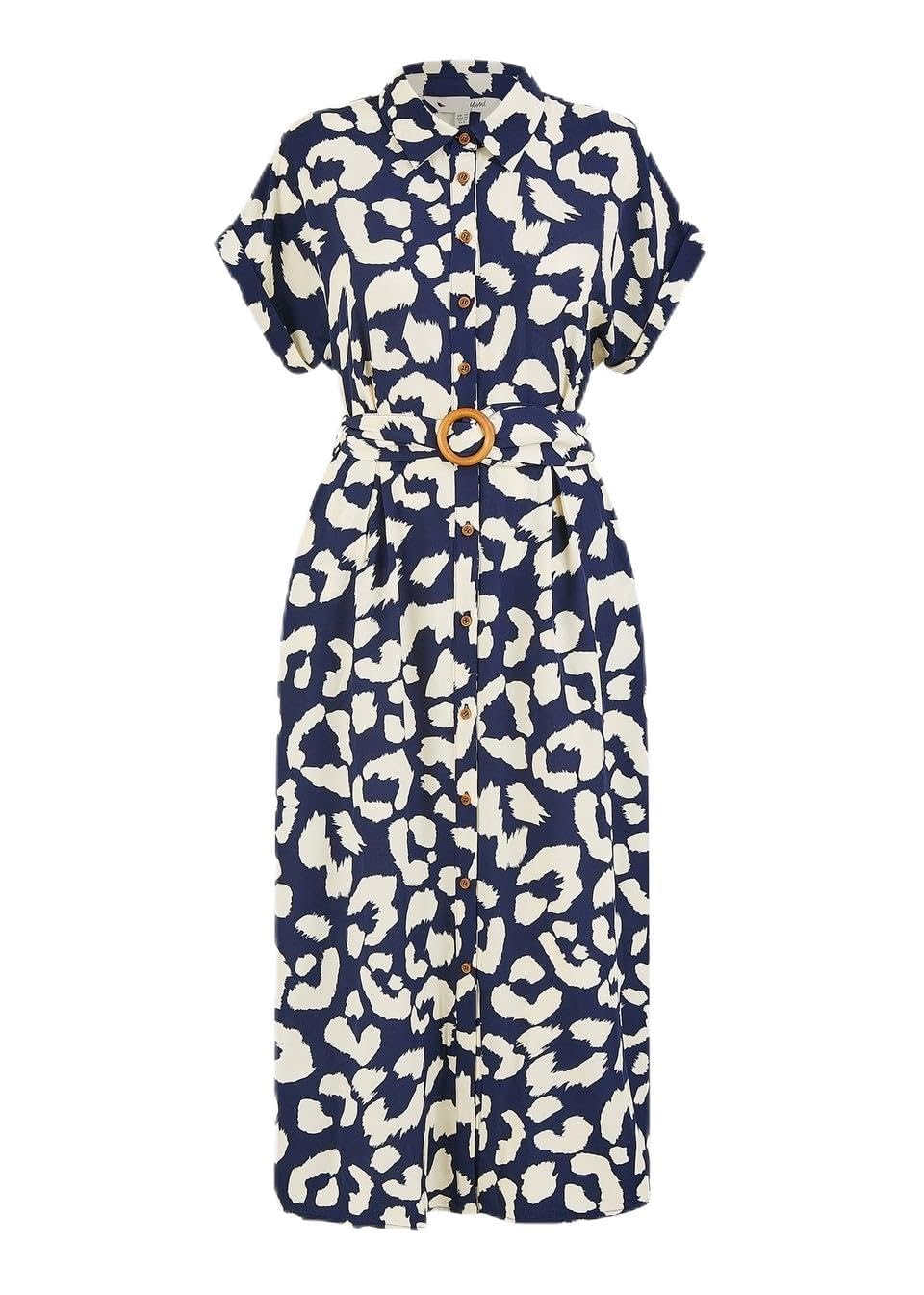 Yumi Women's Navy Abstract Animal Print Relaxed Midi Shirt Dress With Belt - Size 22 Uk