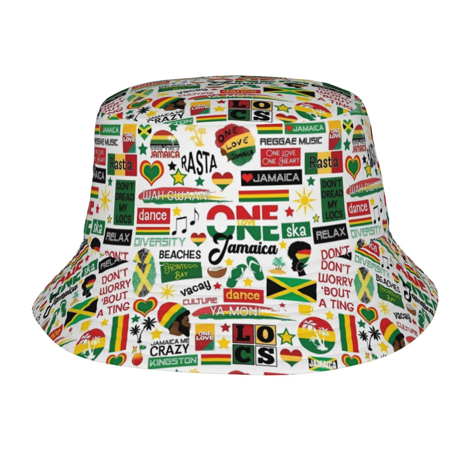 Fabretto Unisex Jamaica Culture One Love Music Reggae Rasta Bucket Hat For Women Men Fisherman Hat Packable Sun Cap Travel Outdoor Beach Caps