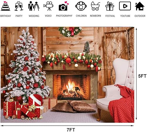 Miniatura 4 de LTLYH Telón de fondo de chimenea de Navidad de 7 x 5 pies con árbol y regalos, fondo rústico de vacaciones de invierno para fotografía, decoración
