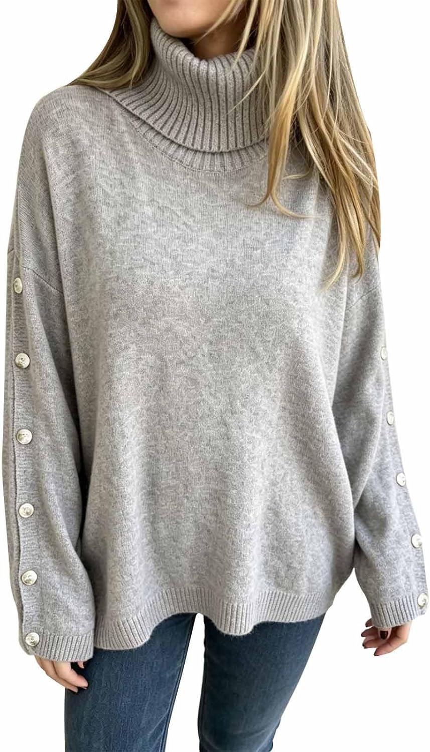 Women Ribbed Turtleneck Sweater,Long Sleeve,Button‑Cuff Pullover | Fine knitted texture, snug‑fitting design, suitable for commuting, daily routines and formal‑casual mixes