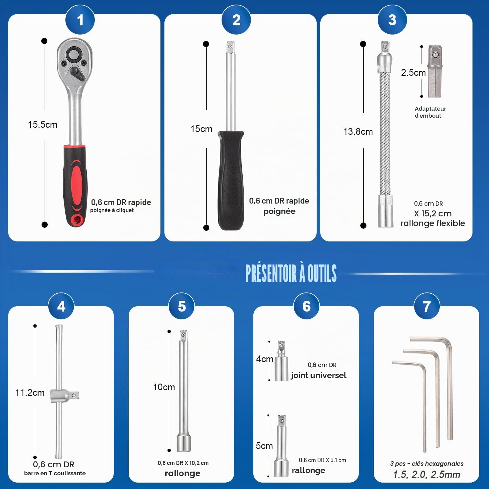 Lot de 53 douilles à cliquet 1/4" en acier CR-V, barre d'extension métrique et embouts pour bricolage, réparation automobile et ménage