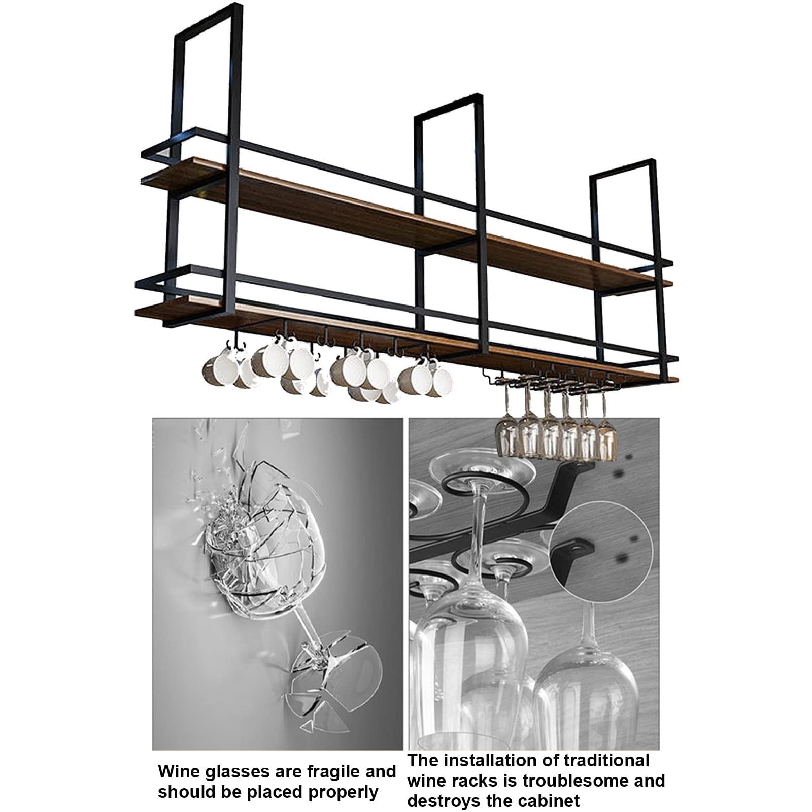 Mensole da Muro di Soffitto in Legno Massello - Porta Bottiglie di Vino A Appeso - Porta Piante Ferro Battut Montato A Parete - Scaffale per Vino con Ringhiera - Installazione Semplice
