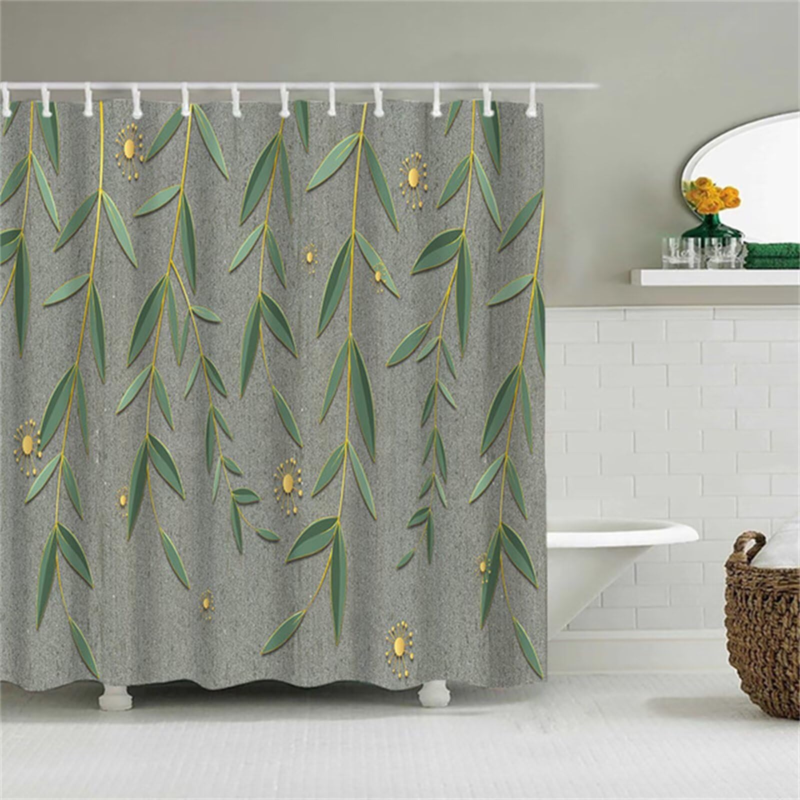 Feuilles grises Rideau Douche W220cm x L200cm Rideaux de Douche Anti Moisissure Tissu Imperméable avec Crochets,Rideaux Lourd Polyester Lavable,3D Shower Curtain Baignoire Salle de Bains Decor M-45