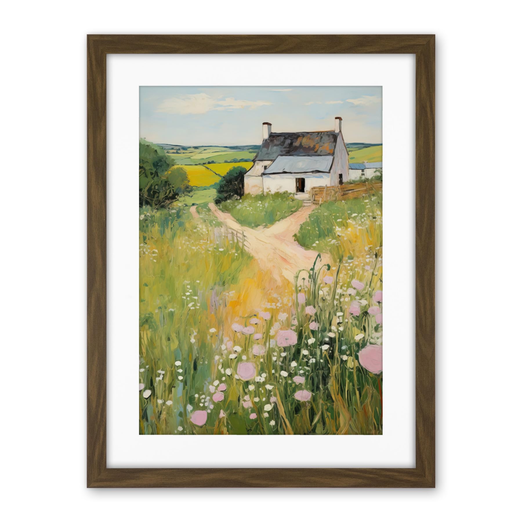 Artery8 Country Farmhouse Cottage Scene Traditional Landscape Oil Painting Meadows Countryside Summer Artwork Framed Wall Art Print 18X24 Inch