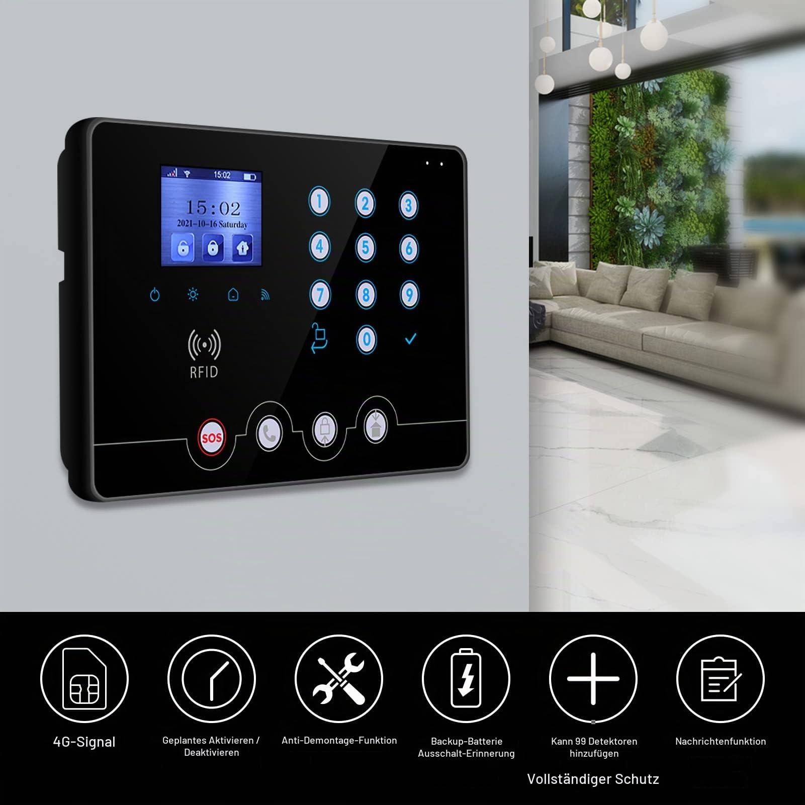 Wolf Guard WLAN- und 4G-Heimalarmanlage, alarmanlage Haus mit drahtloser 110-dB-Außensirene, Fenster- und Türsensor, Bewegungsmelder, RFID, Tuya App, Deutsch (Black-W4Q-W03) | Tuya Smartlife APP, Sirene, Fenstertürsensor, Bewegungssensor, RFID