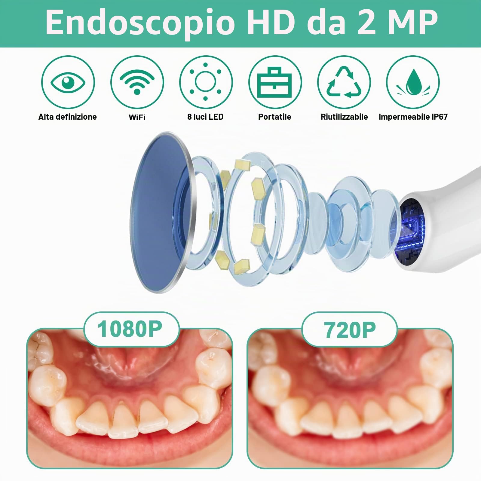 Telecamera intraorale senza fili WiFi ispezione dentista specchio endoscopia, fotocamera bocca WiFi con luce LED per ispezione orale di persone e animali domestici
