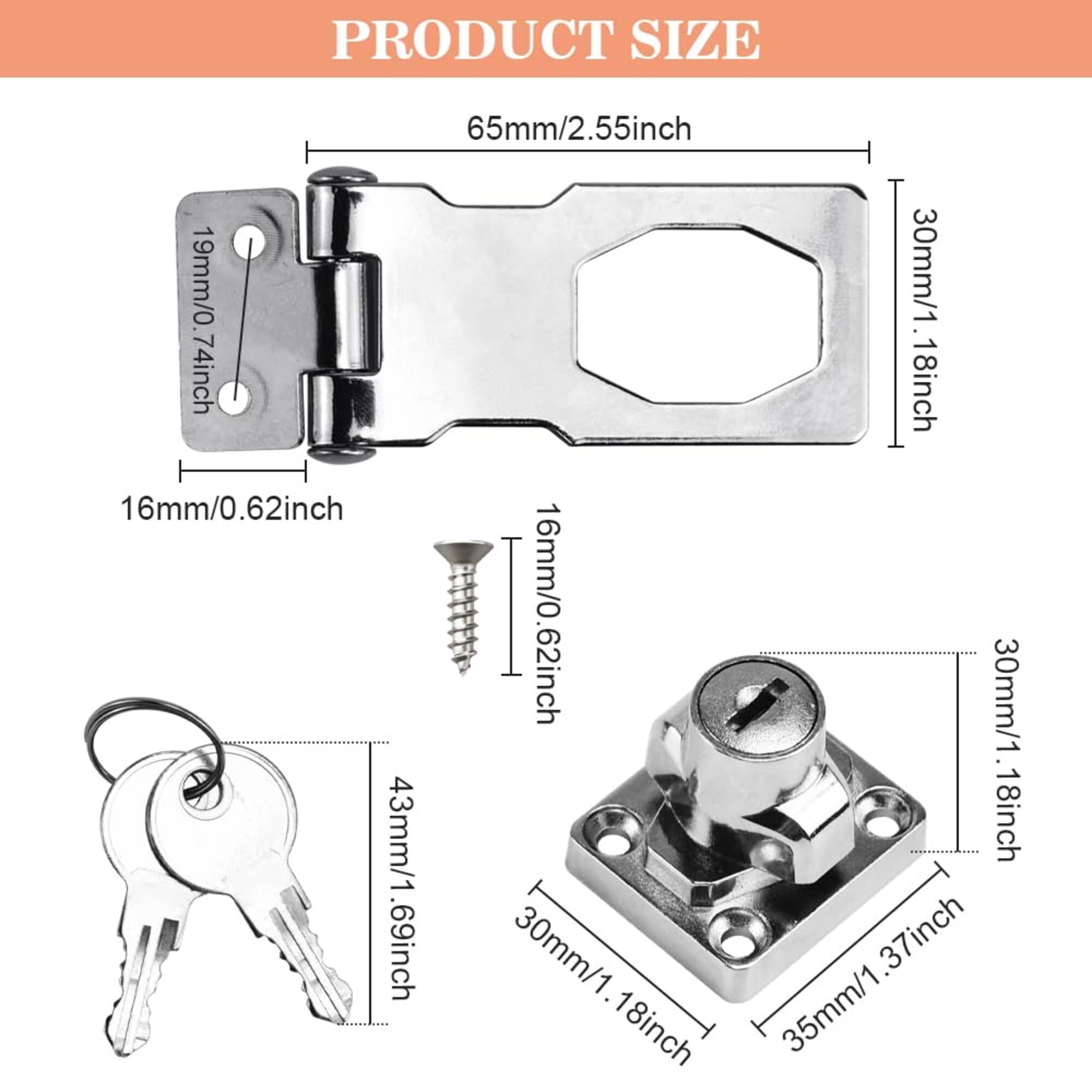 Keyed Hasp Lock Hasp and Staple with Padlock,Heavy Duty Shed Lock Door Lock Hasp Twist Knob Keyed Locking Hasp Safety Door Clasp Gate Lock with Key for Cabinets Cupboard Drawer Gate (2.5Inch) - Image 2