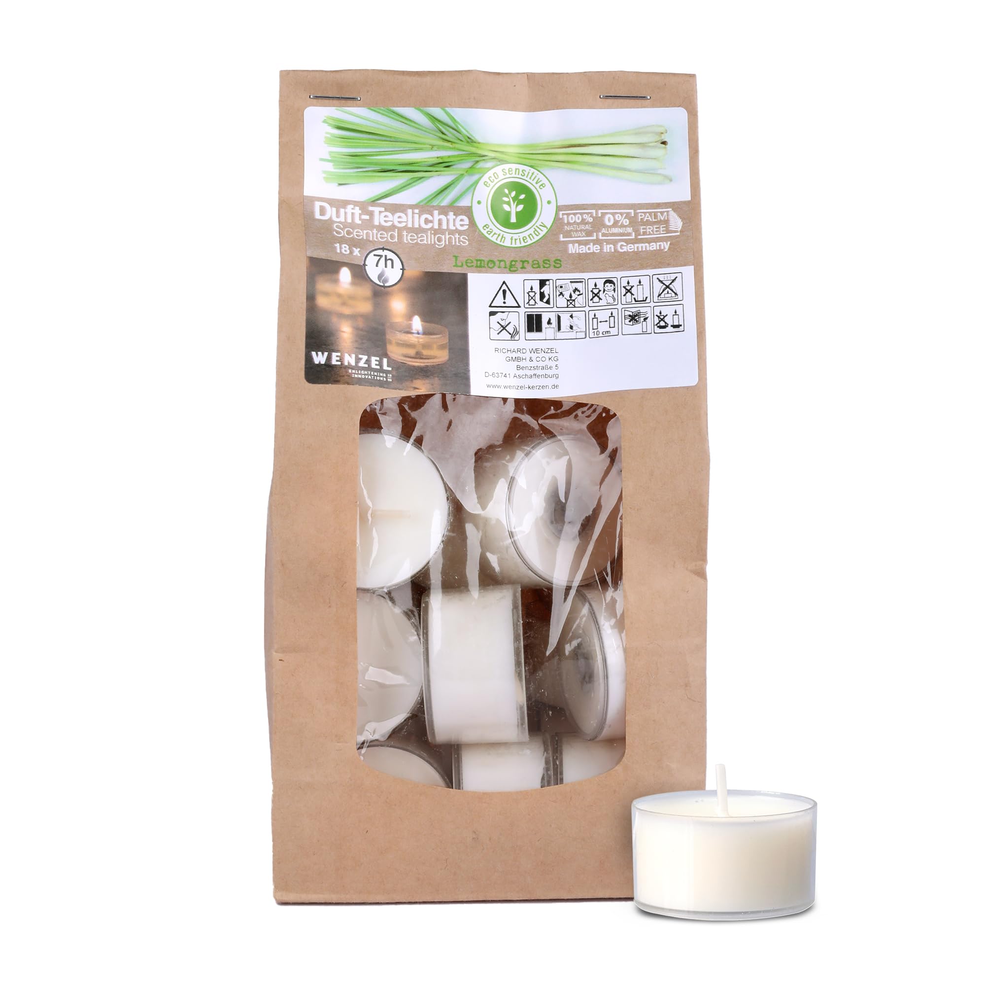 Wenzel White Scented Tea Lights, Lemongrass, 100% Natural Wax, 25/41 Mm, Burning Time Approx. 7 Hours, Bag Of 18