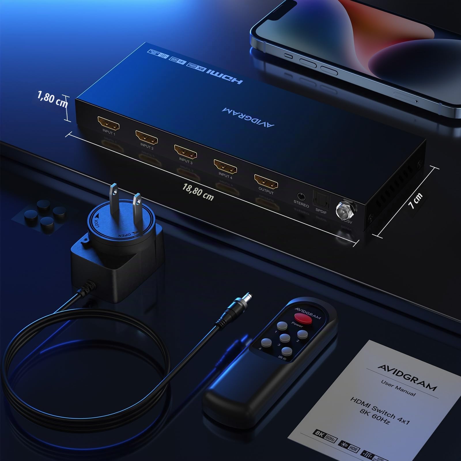 4x1 Switch HDMI 4K 120Hz avec Audio Extractor, AVIDGRAM 4 In 1 Out HDMI Switcher 2.1 with IR Télécommande, HDMI2.1 Commutateur 8K@60Hz, Soutien 16 EDlD Modes, HDCP2.3/2.2, HDR10, 3D, 48Gbps, VRR, ALLM