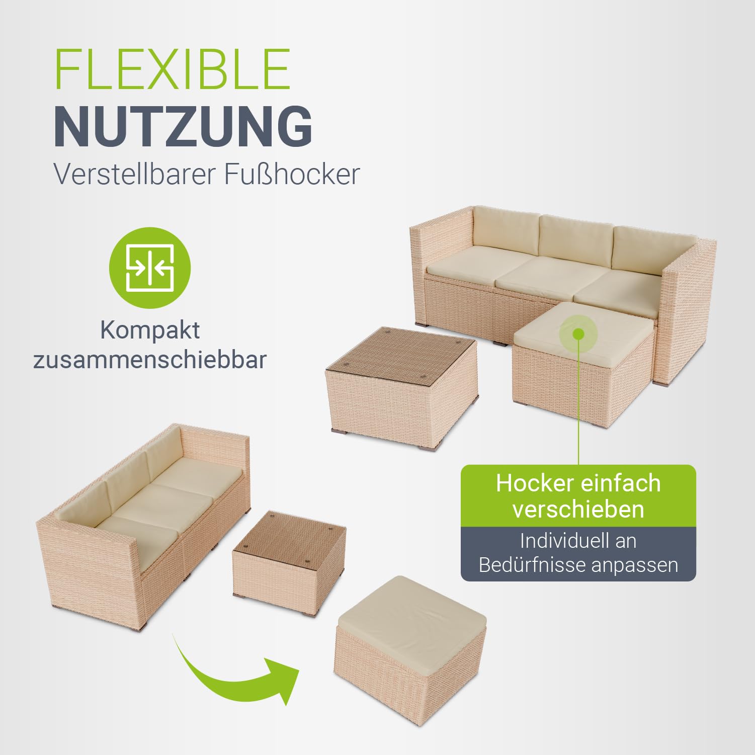Juskys® Polyrattan Lounge Punta Cana M für 3-4 Personen mit 3er Sofa, Sessel, Tisch & Kissen, Sitzgruppe für Garten, Terrasse und Balkon, Gartenmöbel Set wetterfest - Creme