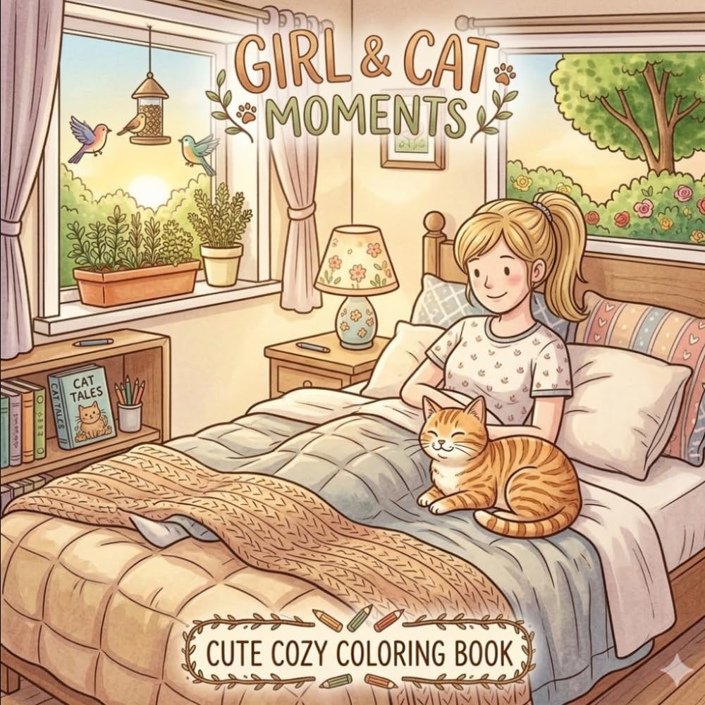 GIRL & CAT MOMENTS: cute cozy coloring book (Cozy Girl & Cat Coloring Series)
