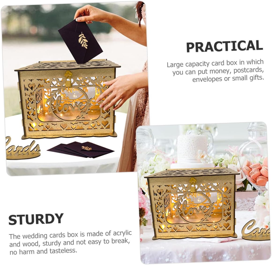 Wooden Hollow Card Box with Glitter Square Design, Wedding and Anniversary Greeting Cards Container for Party Decor and Message Collection