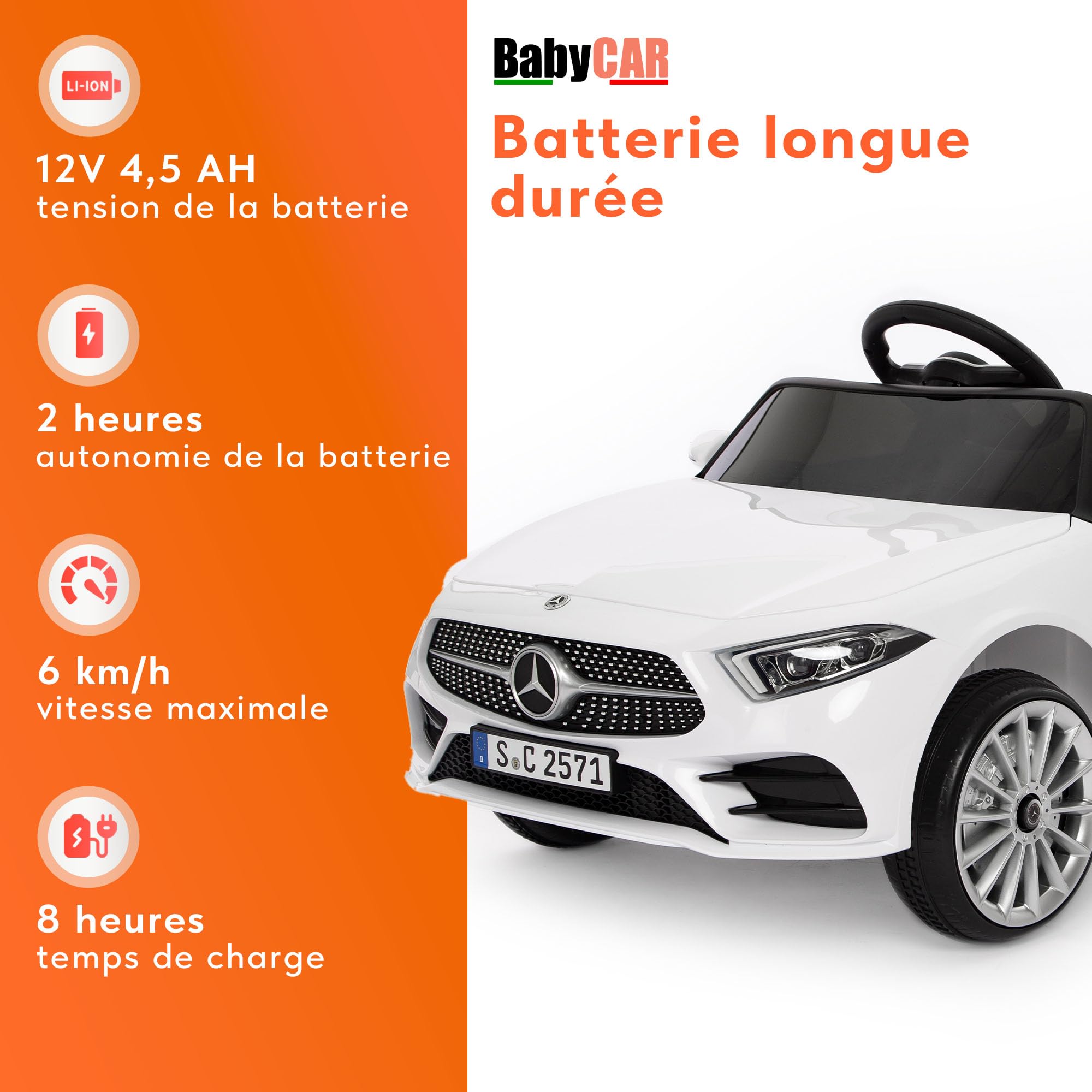 BabyCar Mercedes CLS 350 AMG | Véhicule Electrique 12V avec 2 Moteurs 25W | Voiture pour Enfant avec Télécommande, Siège en Simili Cuir, Portes Ouvrantes, MP3/USB | Mercedes Officiel | Blanc