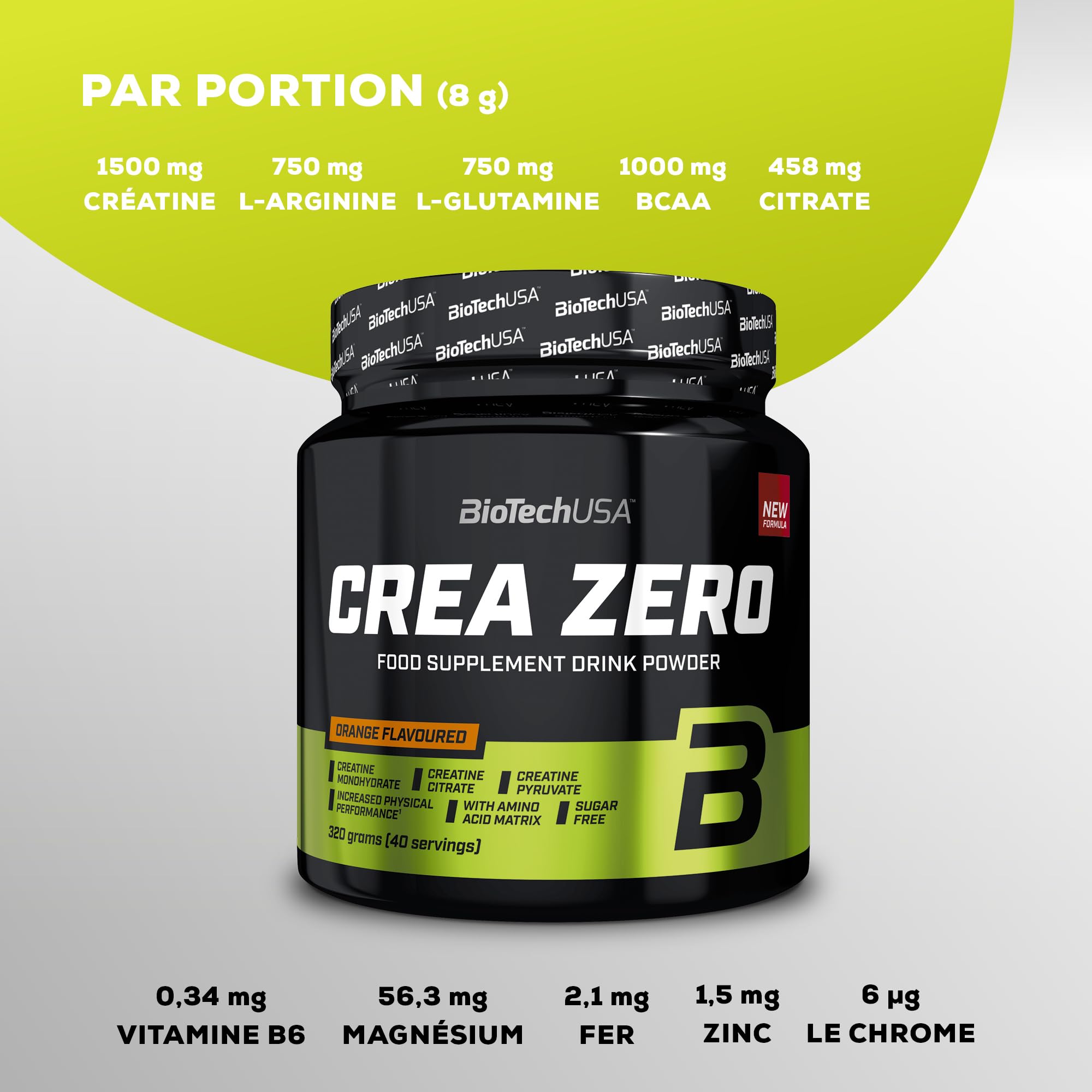 BioTechUSA Crea Zero | Créatine en poudre sans sucre | BCAAs, vitamines et minéraux ajoutés, 320 g, Orange