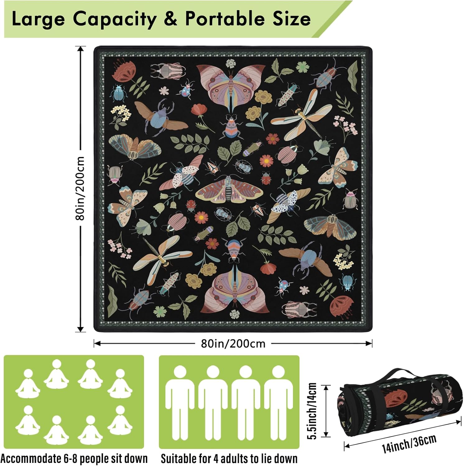 Insect Picnic Blankets Waterproof Foldable, 80″X80″ Extra Large Picnic Mat Boho Outdoor Blanket for Grass, Cute Packable Beach Blanket Sandproof Picnic Accessories for Camping Music Festival Park Lawn