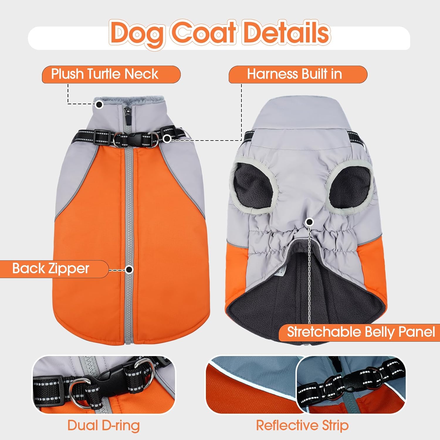 DENTRUN Dog Coat with Harness Built in, Windproof Water-Repellent Winter Dog Jacket with Reflective Strips & Fleece Lined, Plush Turtle Neck for Small Dogs, Orange, XS - Image 3