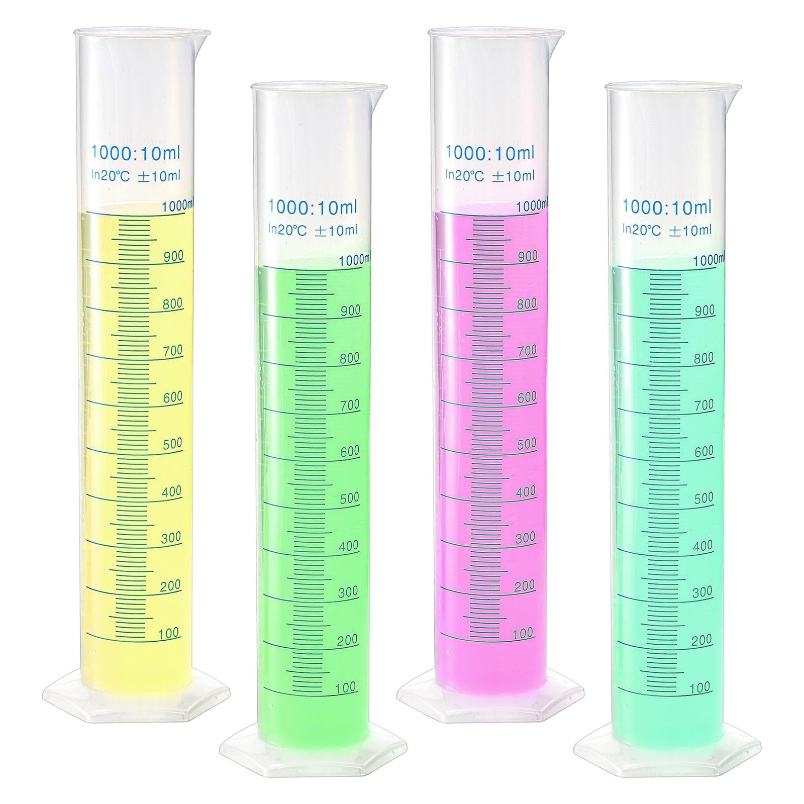 Set 4 Cilindri Graduati In Plastica Da 1000 Ml Con Base Stabile, Cilindro Graduato In Plastica A Doppia Scala, Cilindro Trasparente Per Progetti Scientifici, Forniture Per Laboratorio
