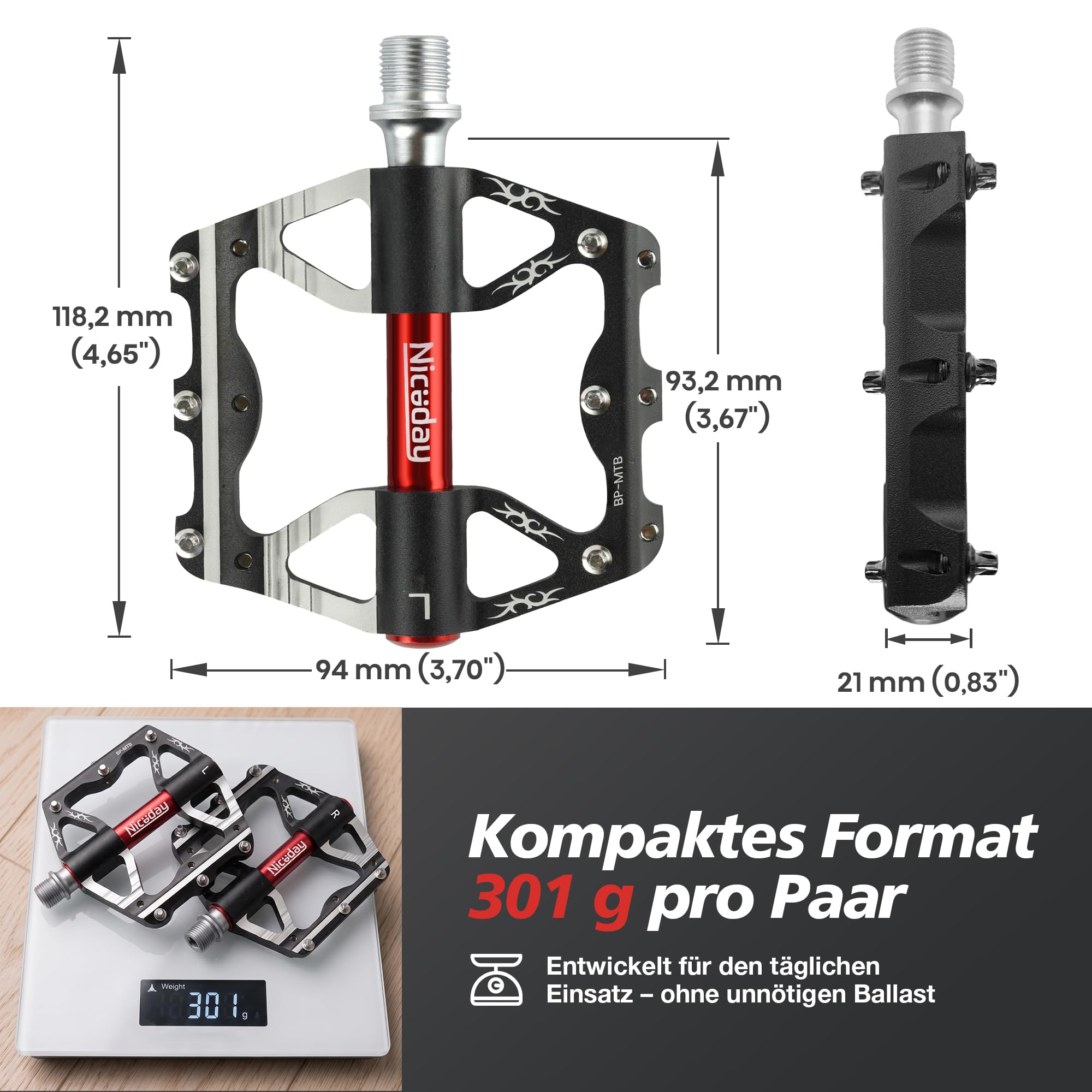 Niceday MTB Pedale Aluminium CNC, 301 g, 3 Lager, 9/16″ Gewinde, Silber