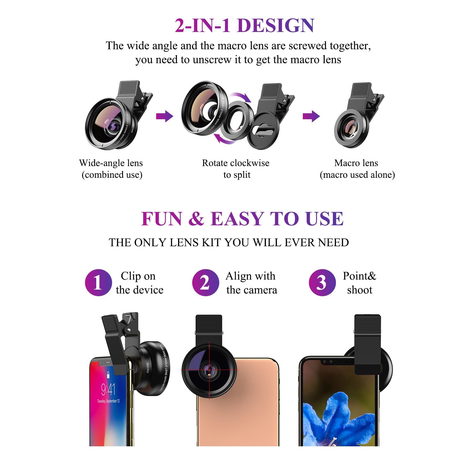 Objectif Telephone Portable universels, 2 en 1 Objectif pour téléphone, Macro 12,5 x, Objectif Grand Angle 0,45x, Macro Lens, pour la Plupart des Smartphones