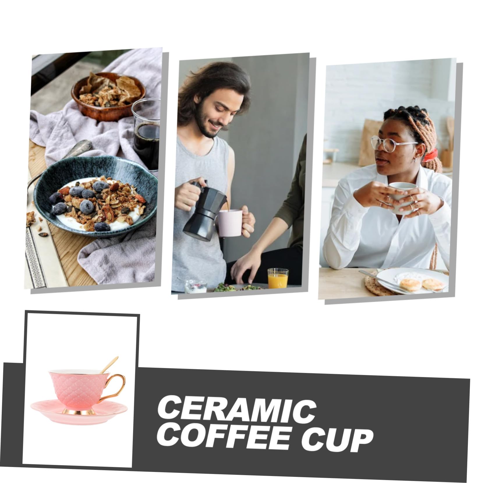 Taza de Café con Platillo de Cerámica, Juego de 1 Pieza Rosa | Incluye Cuchara, Estilo Europeo Sencillo, Líneas Decorativas y Uso Versátil para Café, Té, Leche o Chocolate