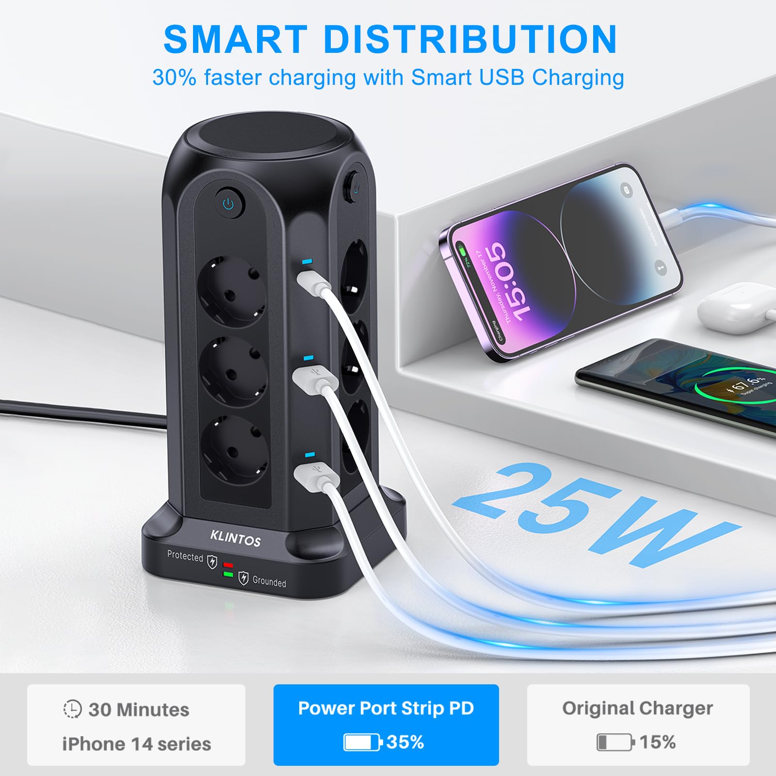 Ciabatta Multipresa, Torretta Multipresa con 12 prese e 4 USB-A & 2 USB C, Multipresa Verticale con 3 interruttori indipendenti, 1500J protezione sovratensione multipresa con cavo da 2 metri