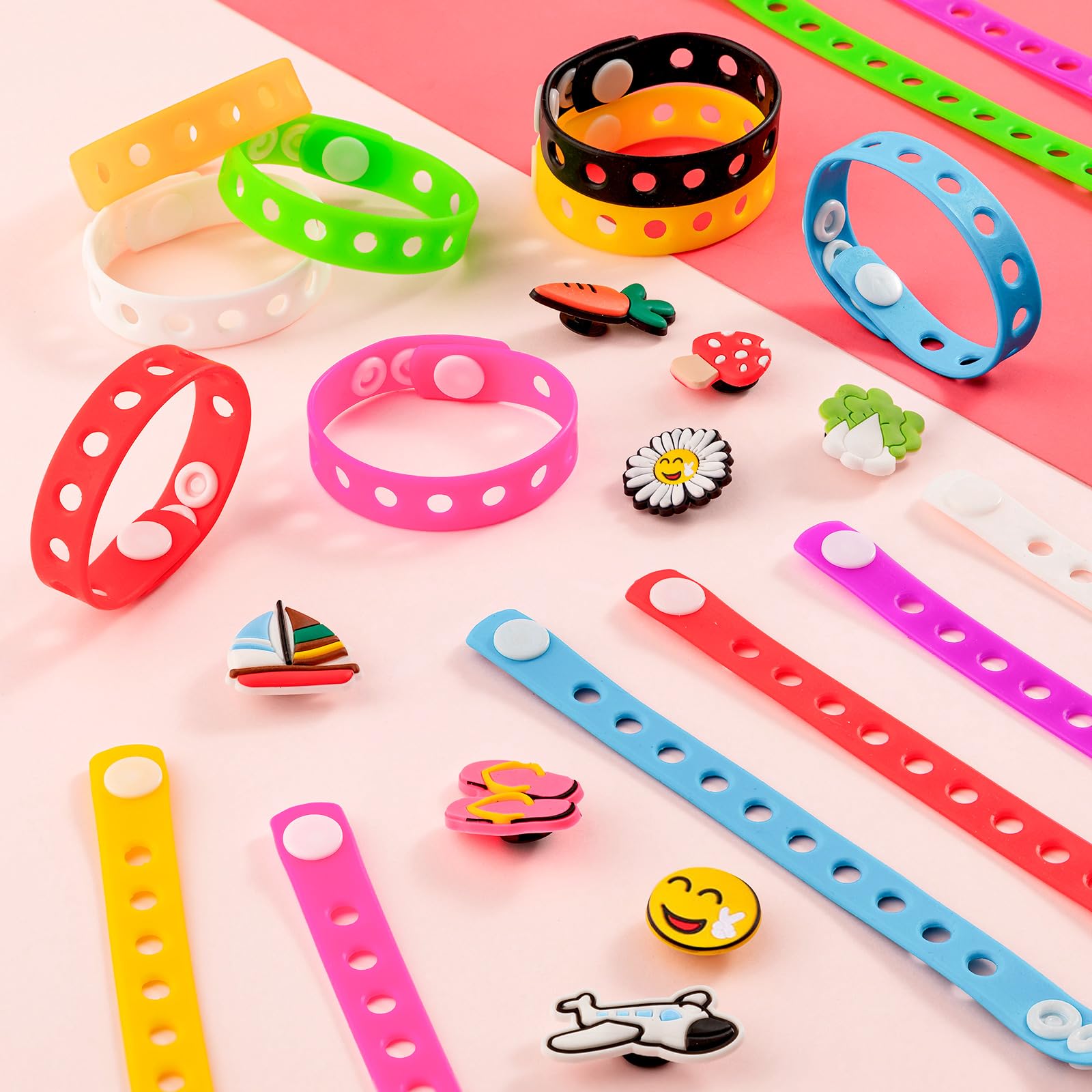 HTZNHXT 20 Pcs Silicone Charm Bracelets, 8 Inch Bracelets Bulk Band for Kids, Silicone Wristbands Adjustable Rubber Bracelets Hold the Shoe Charms for Students