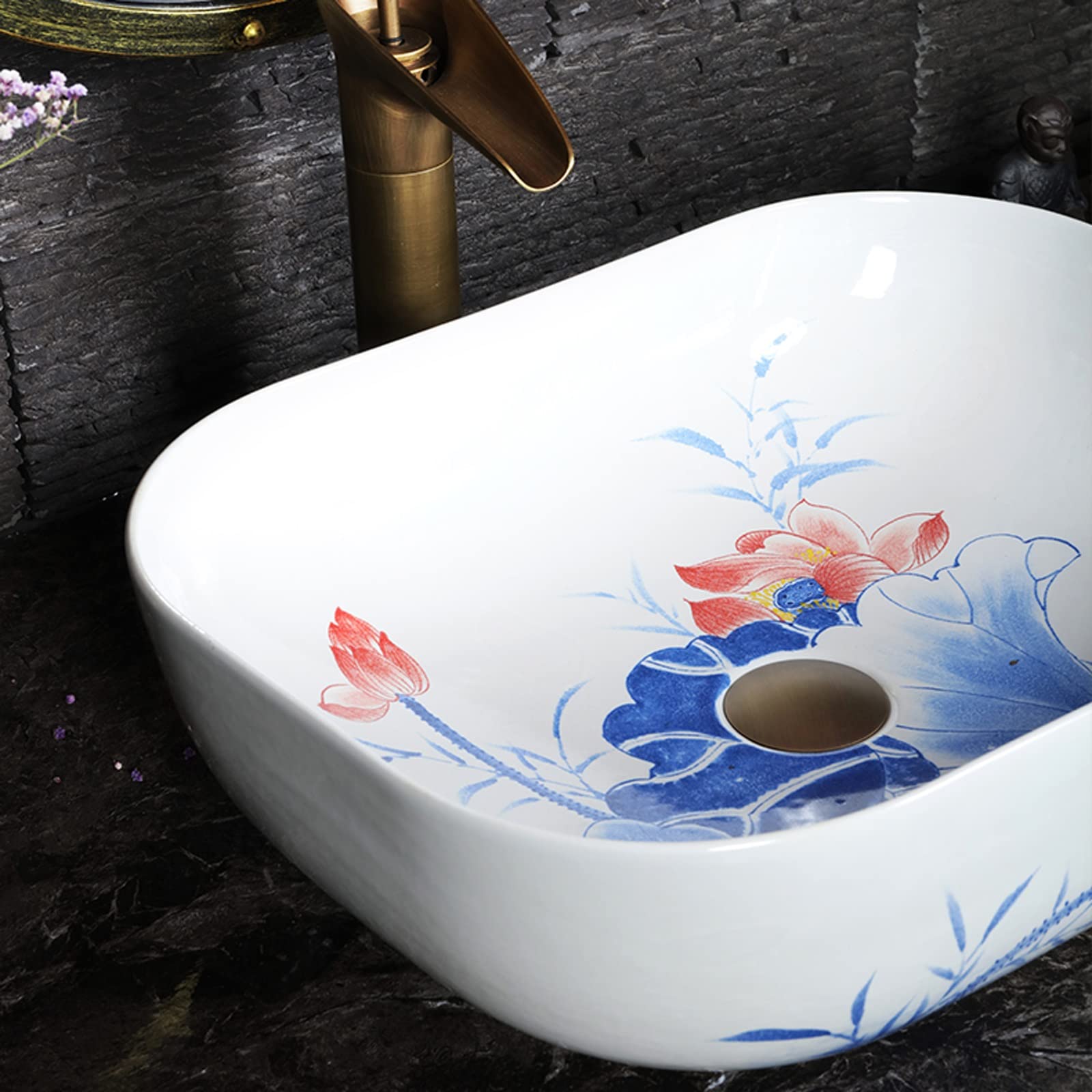 Umywalka Nablatowa Łazienkowa, Prostokątna, Porcelanowa, Ceramiczna, Umywalka Nablatowa, Umywalka Nablatowa, Biała, Umywalka Z Wzorem W Stylu Vintage, 17