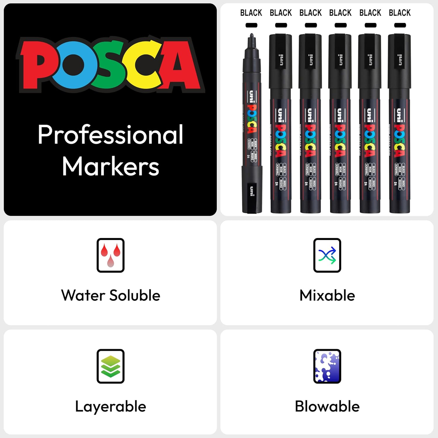 Authentic Posca Marker Set, 6 Black Professional Grade Posca Markers with 3M Fine Bullet Tips