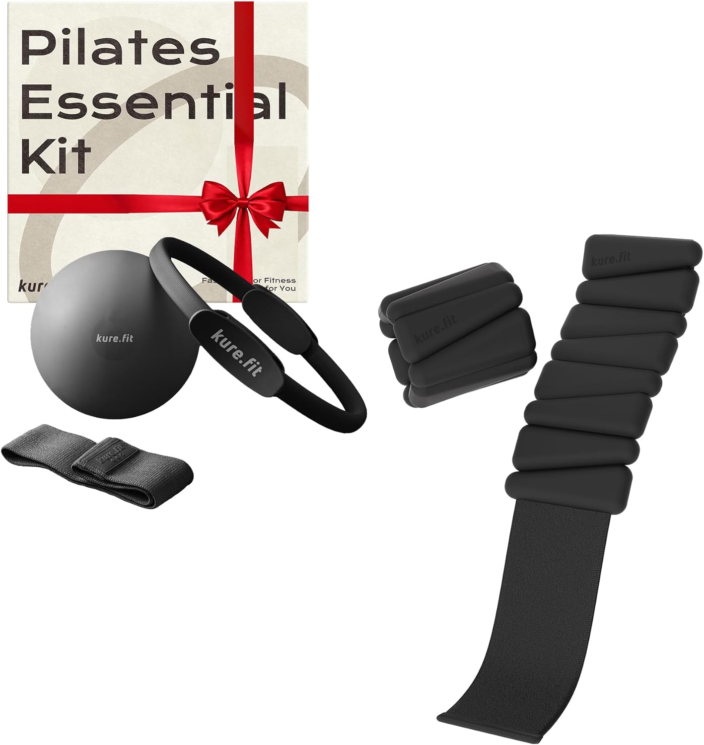 Black Adjustable Wrist and Ankle Weights 2lb Each Set of 2 and Black Pilates Kit Bundle