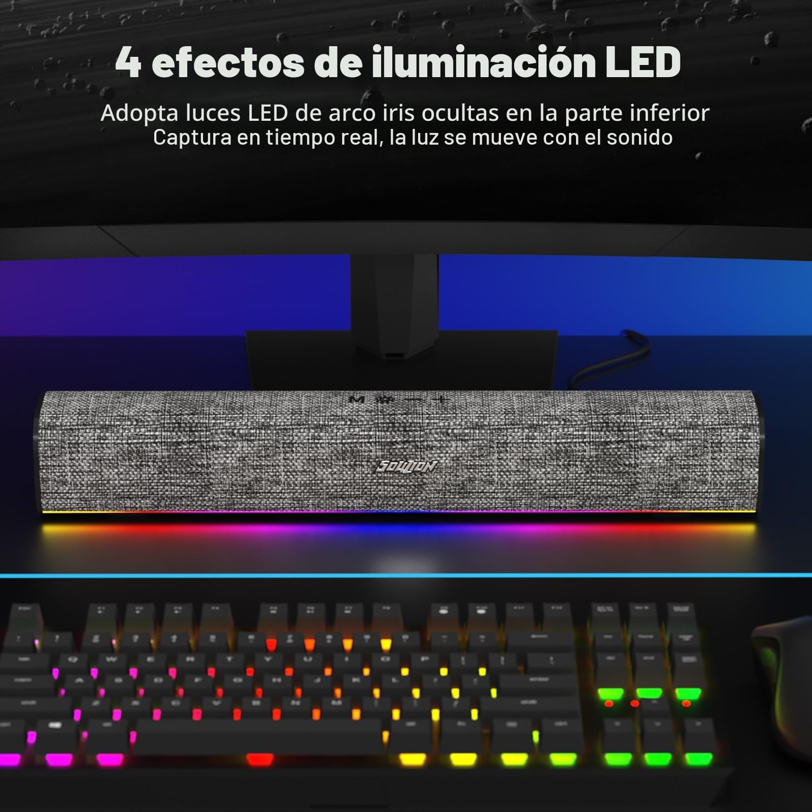 SOULION R100 Barra Sonido para PC/Ordenador Portátil con Bluetooth y iluminación Personalizable, Alimentación USB, para Ordenador, Portátil Móvil, Teléfonos